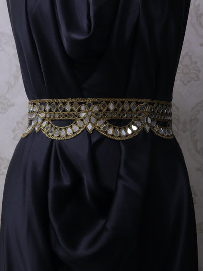 Dark Gold Scalloped Mirror Waist Belt: Floral Cutwork, Adjustable Chain