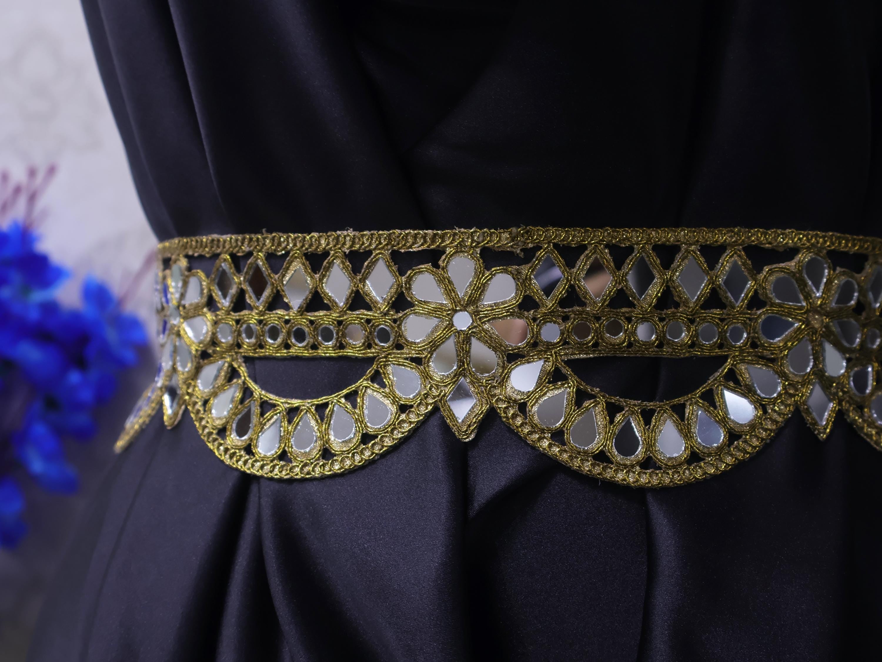 Dark Gold Scalloped Mirror Waist Belt: Floral Cutwork, Adjustable Chain