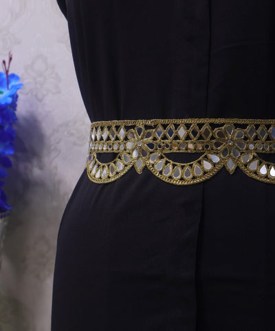 Dark Gold Scalloped Mirror Waist Belt: Floral Cutwork, Adjustable Chain