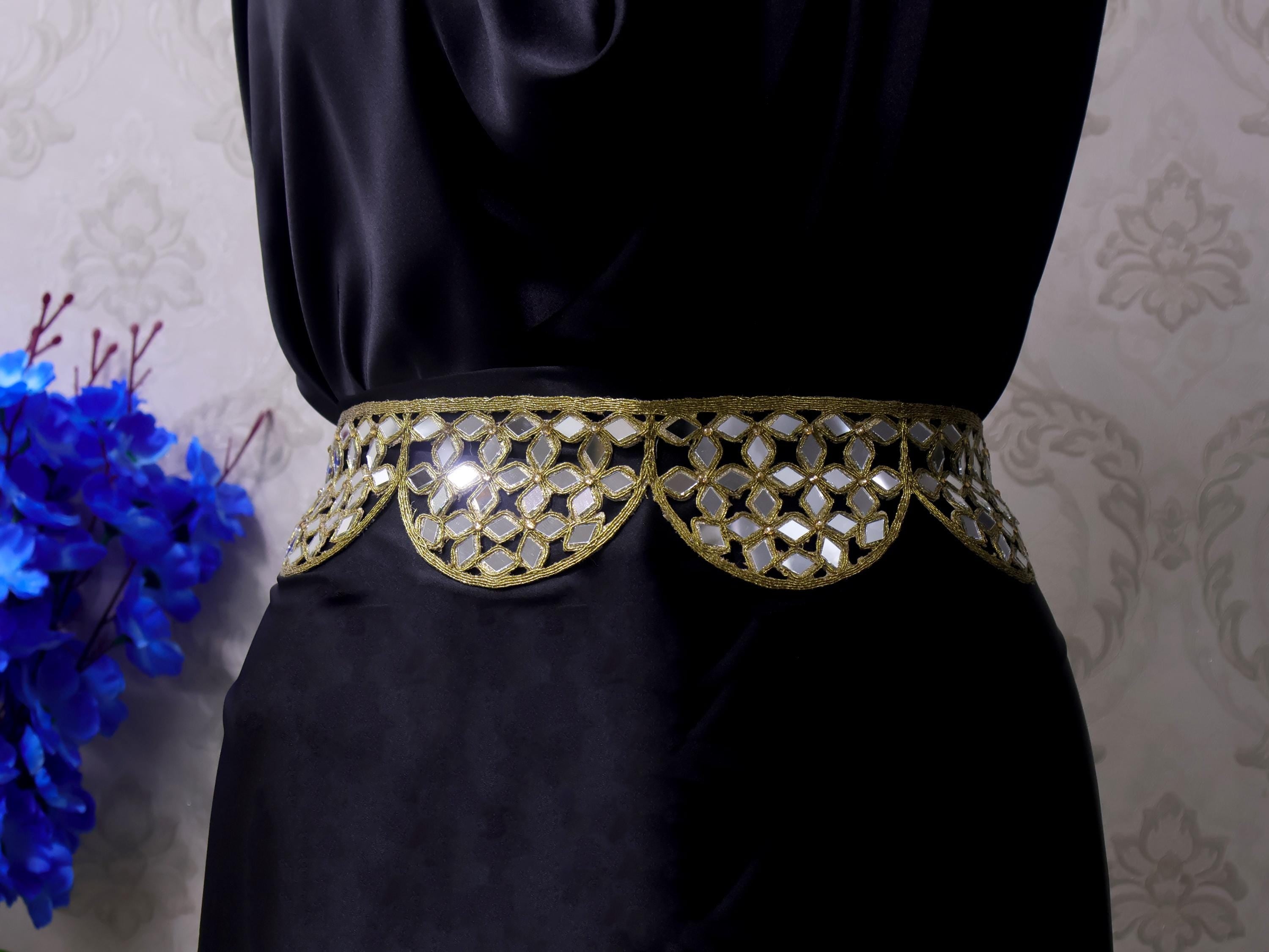 Mirrorwork Waist Belt: Antique Gold Floral Cutwork, Adjustable Chain