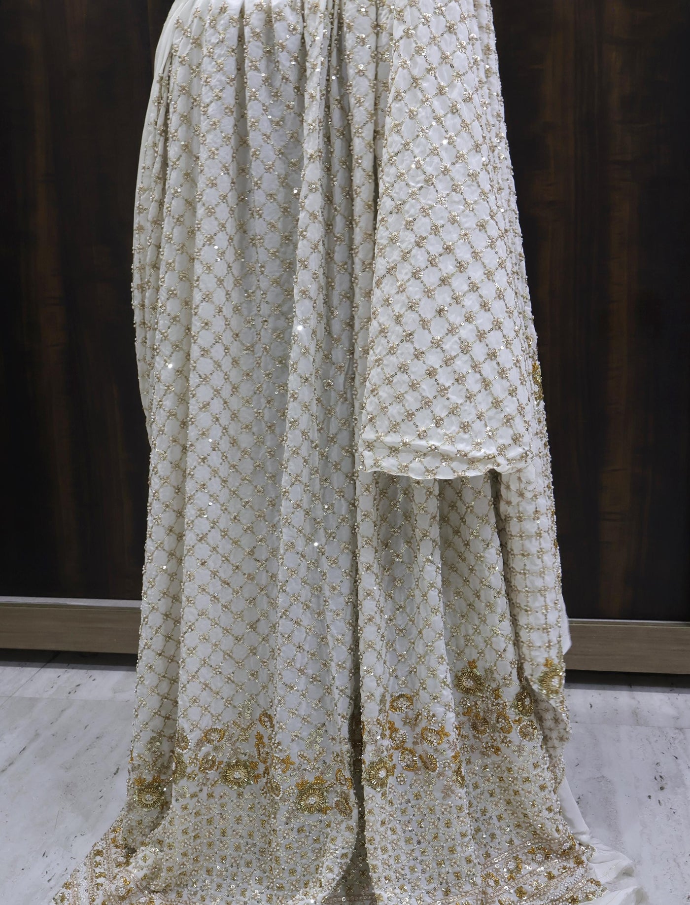 White Crepe Fabric: Beaded Indian Handwork, 60 Inch