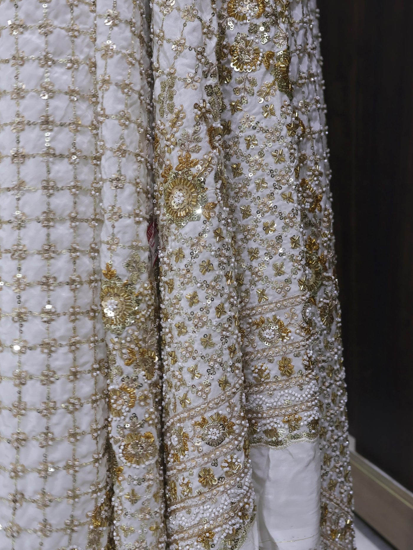 White Crepe Fabric: Beaded Indian Handwork, 60 Inch