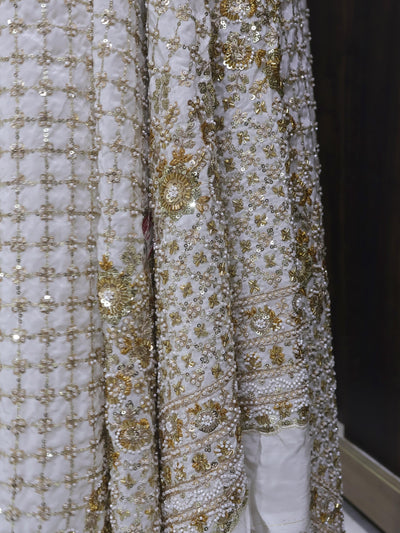 White Crepe Fabric: Beaded Indian Handwork, 60 Inch