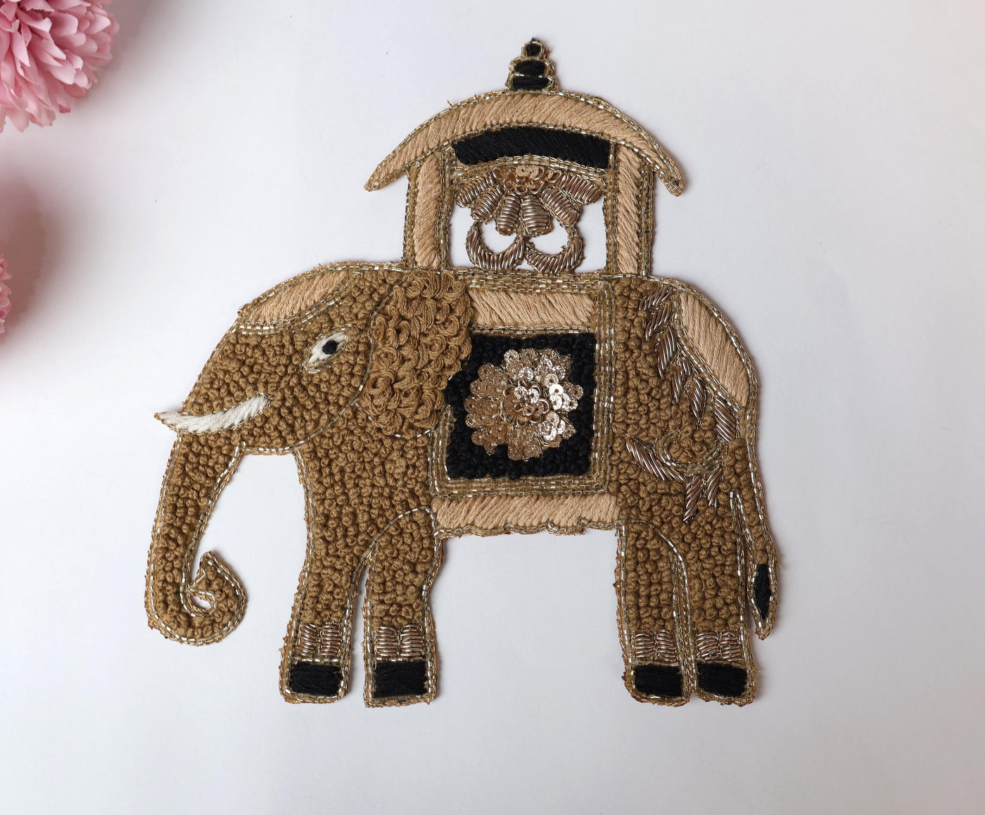 Zardozi Elephant Patch: Antique Gold Knotwork Applique - Handmade Indian Decor