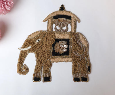 Zardozi Elephant Patch: Antique Gold Knotwork Applique - Handmade Indian Decor