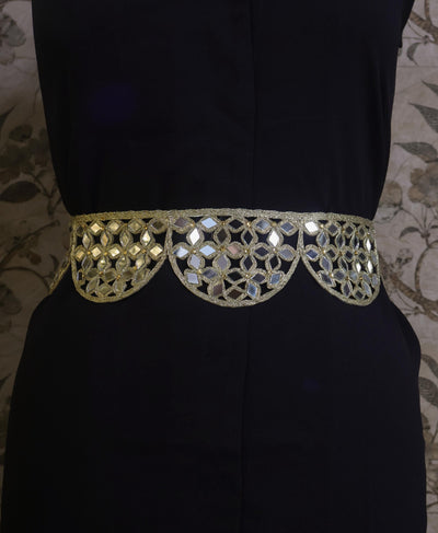 Mirrorwork Scalloped Waist Belt: Creme Gold Boho Festival Fashion