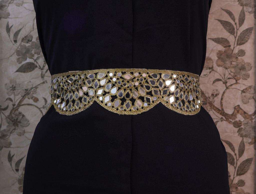 Antique Gold Mirrorwork Waist Belt: Scalloped Floral Design