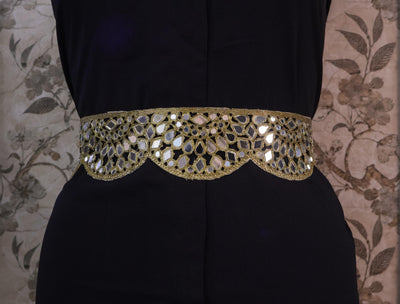Antique Gold Mirrorwork Waist Belt: Scalloped Floral Design