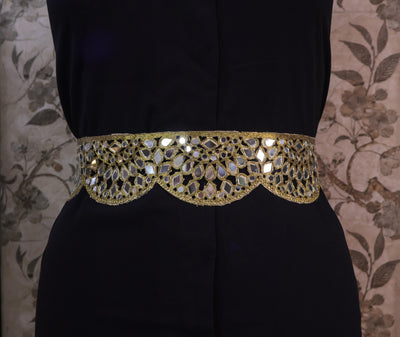 Antique Gold Mirrorwork Waist Belt: Scalloped Floral Design