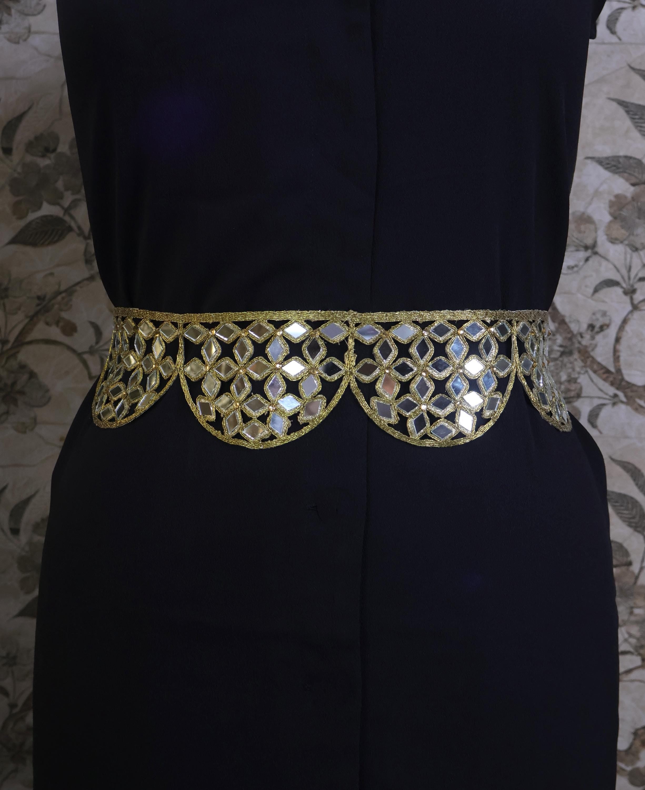 Mirrorwork Waist Belt: Antique Gold Floral Cutwork, Adjustable Chain
