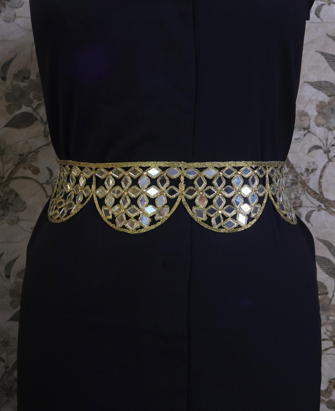 Mirrorwork Waist Belt: Antique Gold Floral Cutwork, Adjustable Chain