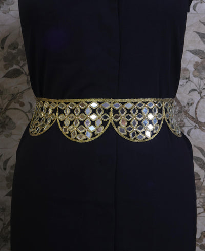 Mirrorwork Waist Belt: Antique Gold Floral Cutwork, Adjustable Chain