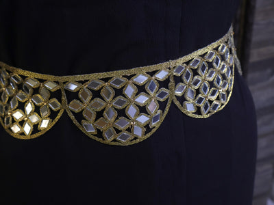 Mirrorwork Waist Belt: Antique Gold Floral Cutwork, Adjustable Chain