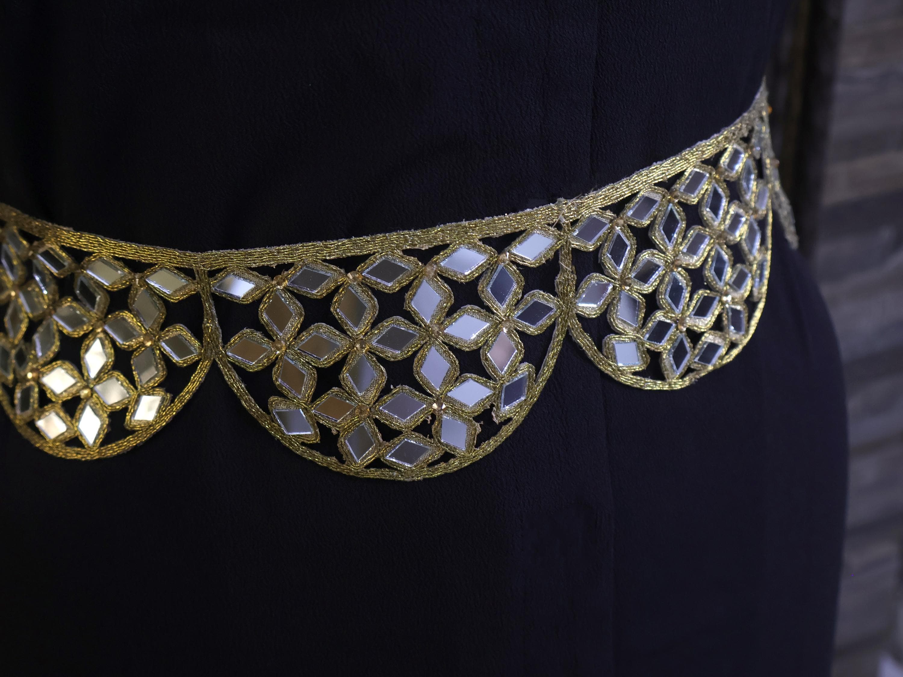 Mirrorwork Waist Belt: Antique Gold Floral Cutwork, Adjustable Chain