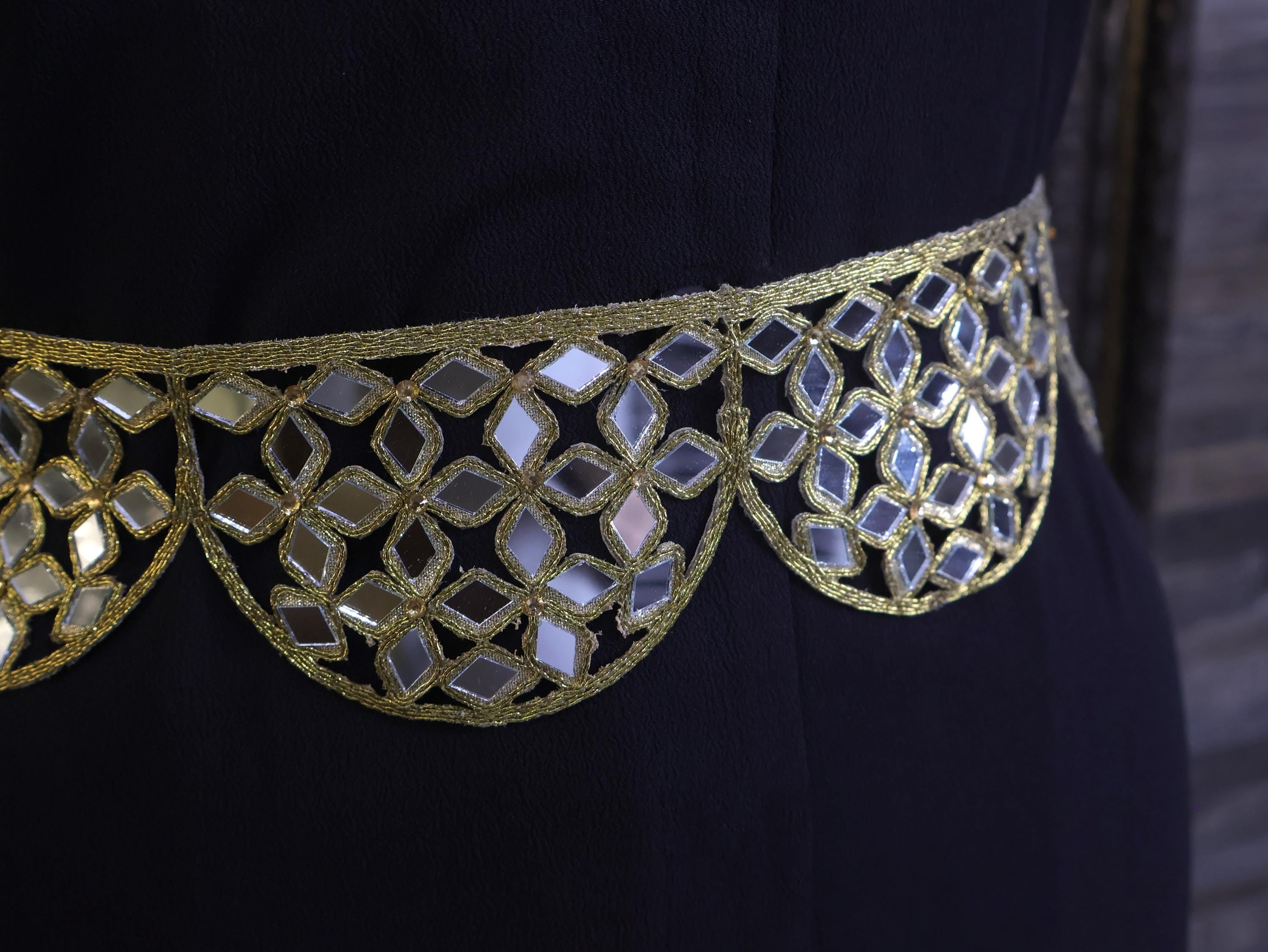 Mirrorwork Waist Belt: Antique Gold Floral Cutwork, Adjustable Chain