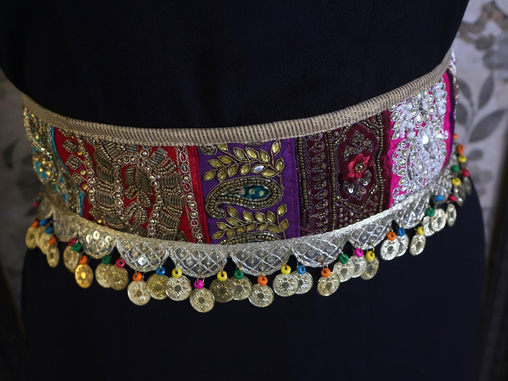 Boho Embroidered Waist Belt: Indian Fashion Metal Coin Chain