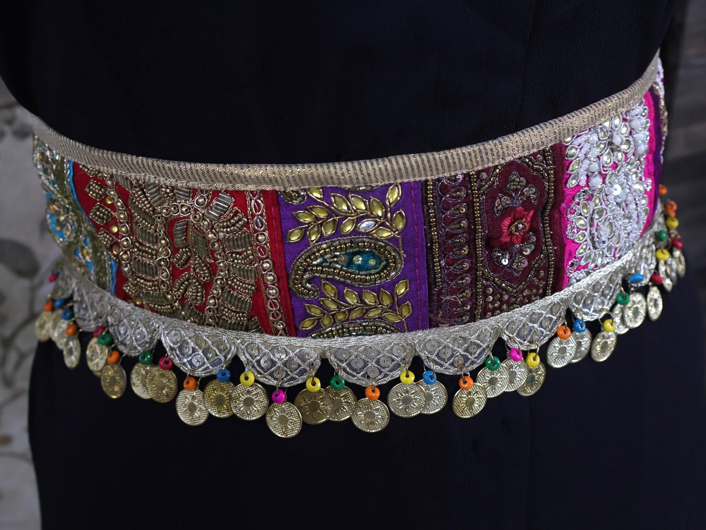 Boho Embroidered Waist Belt: Indian Fashion Metal Coin Chain