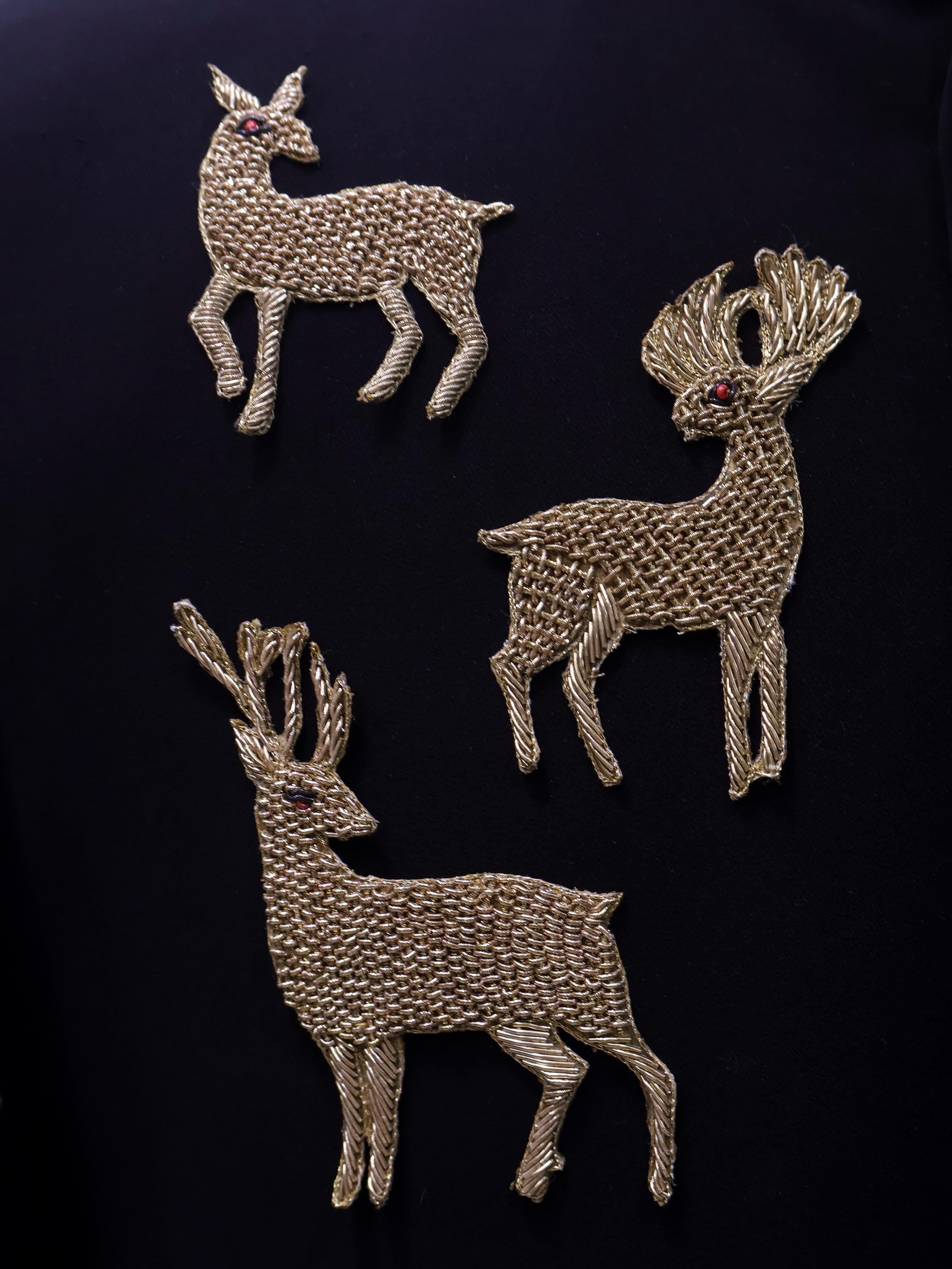 Antique Gold Zardozi Reindeer Applique: Sew On Garments Patches (Set of 3)