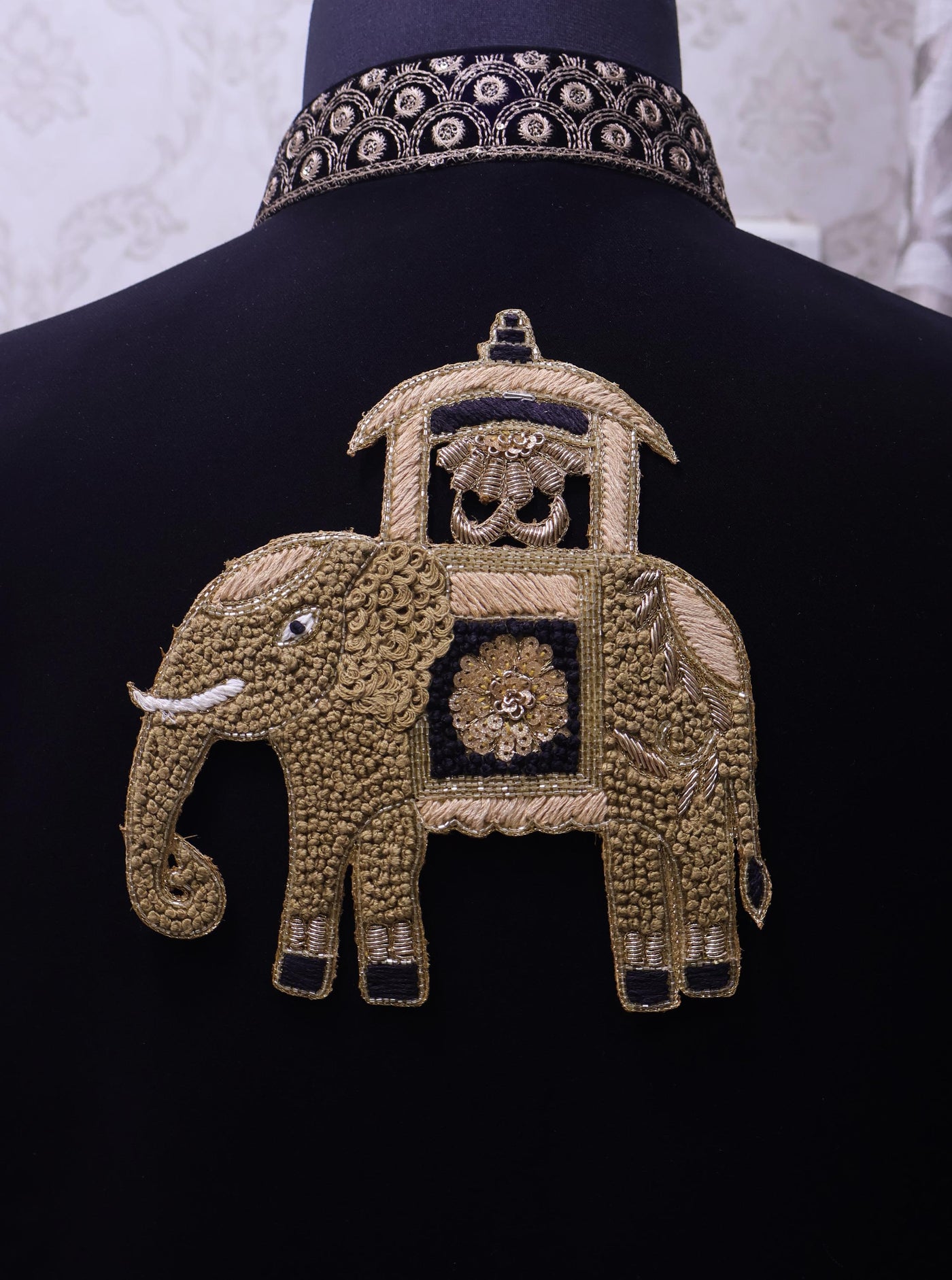 Zardozi Elephant Patch: Antique Gold Knotwork Applique - Handmade Indian Decor