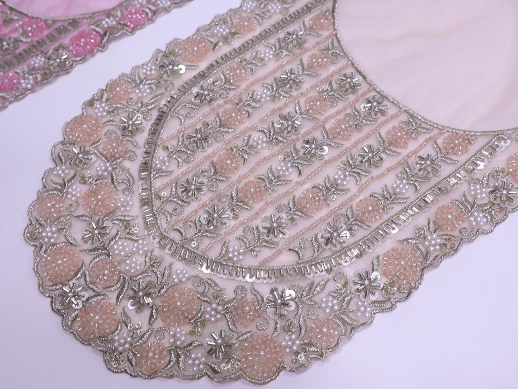 Pink/ Peach Embroidered Neckline Patch: Beaded Zari Sequin Indian Applique