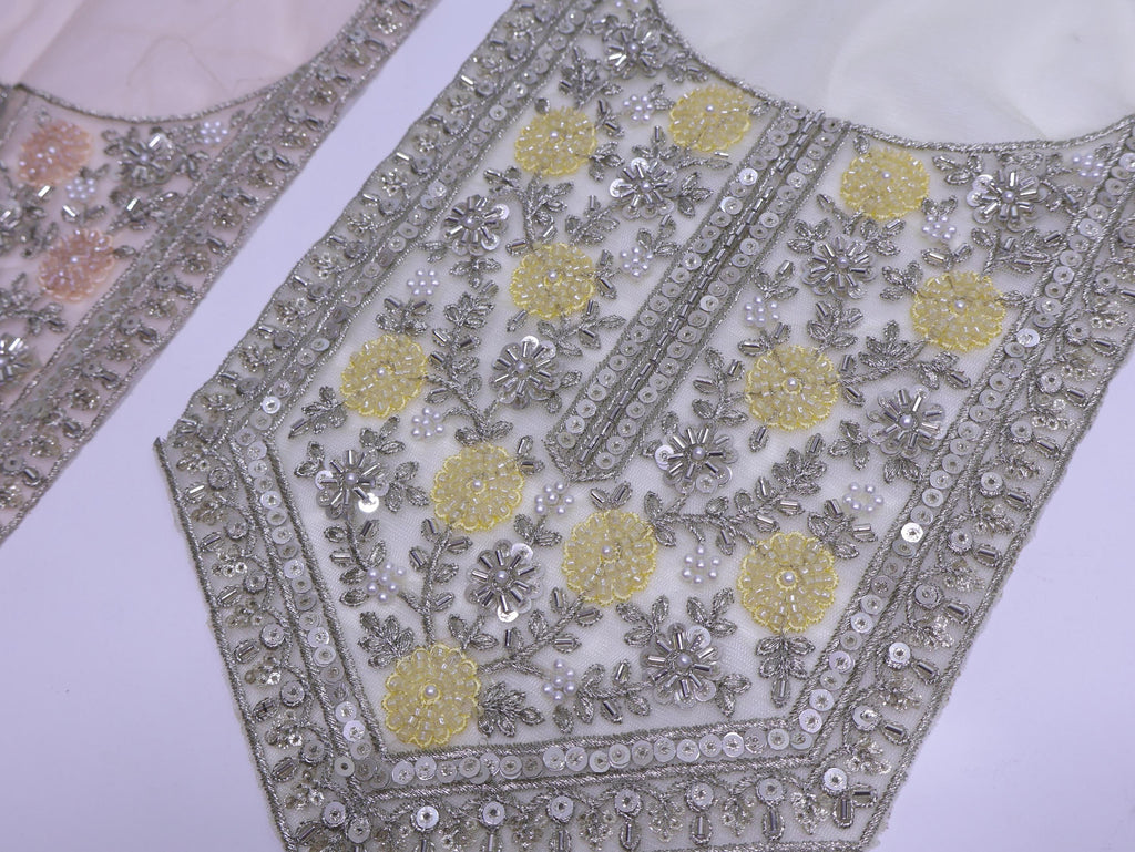 Yellow/ Peach Embroidered Neckline Patch: Beaded Zari Sequin Indian Applique