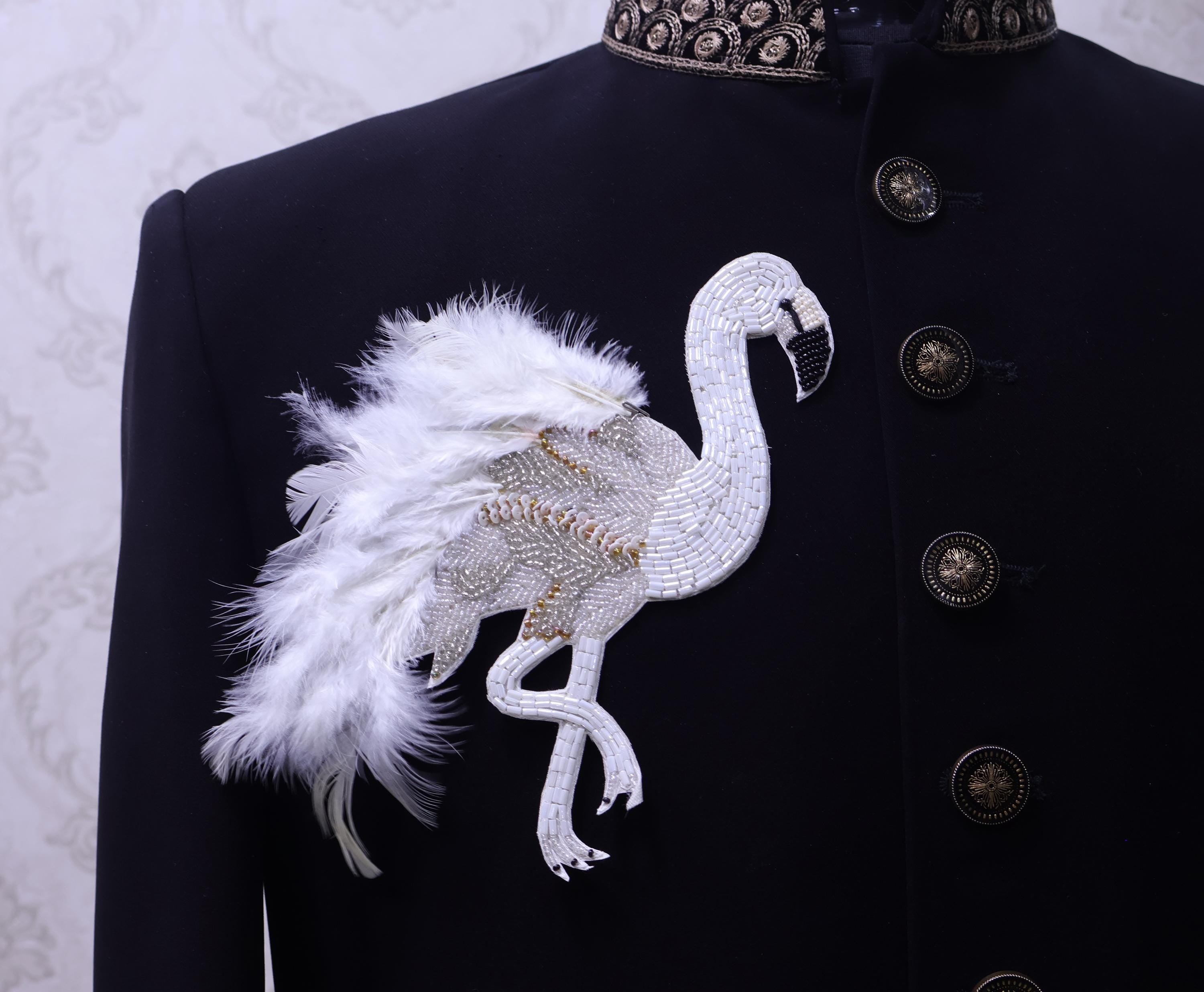 Gold/ White Embroidered Bird Applique: Sew On Garments Patches (Pair of 2)