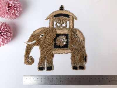 Zardozi Elephant Patch: Antique Gold Knotwork Applique - Handmade Indian Decor