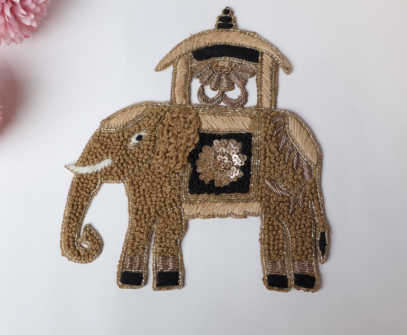 Zardozi Elephant Patch: Antique Gold Knotwork Applique - Handmade Indian Decor