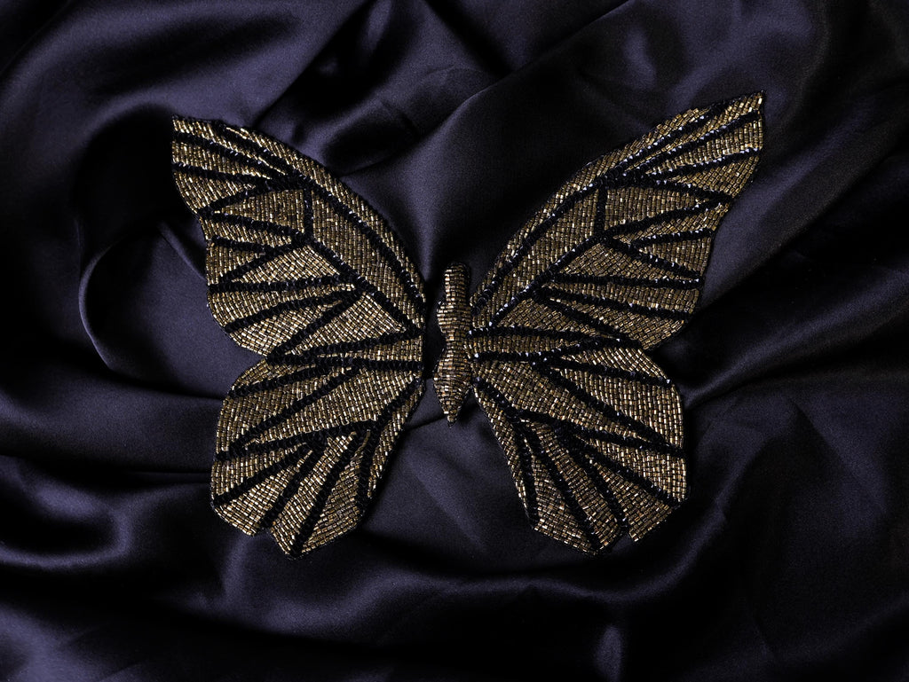 Embroidered Butterfly Applique Patch: Metallic Black & Silver Indian Design