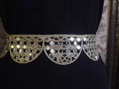 Mirrorwork Scalloped Waist Belt: Creme Gold Boho Festival Fashion