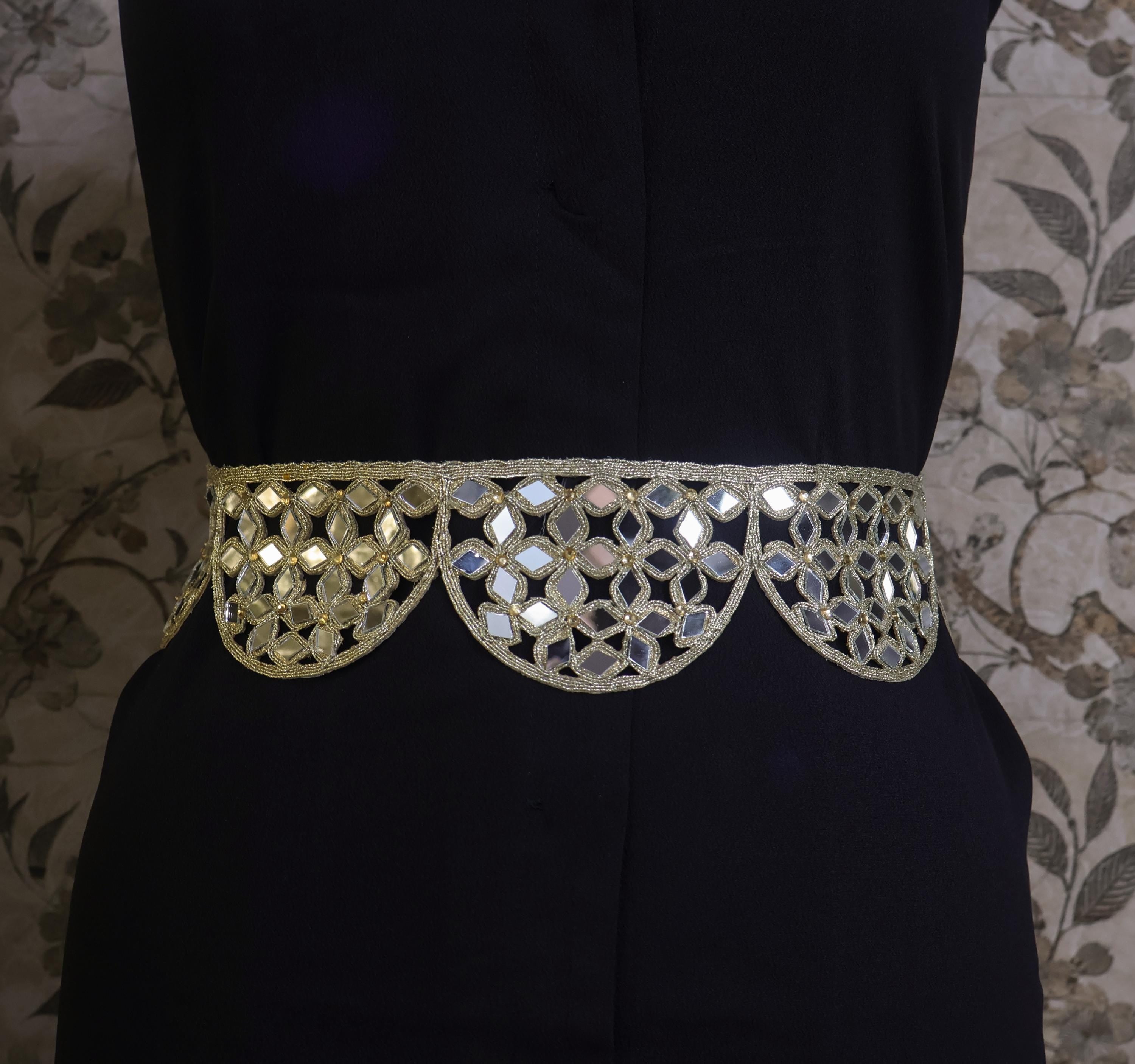 Mirrorwork Scalloped Waist Belt: Creme Gold Boho Festival Fashion
