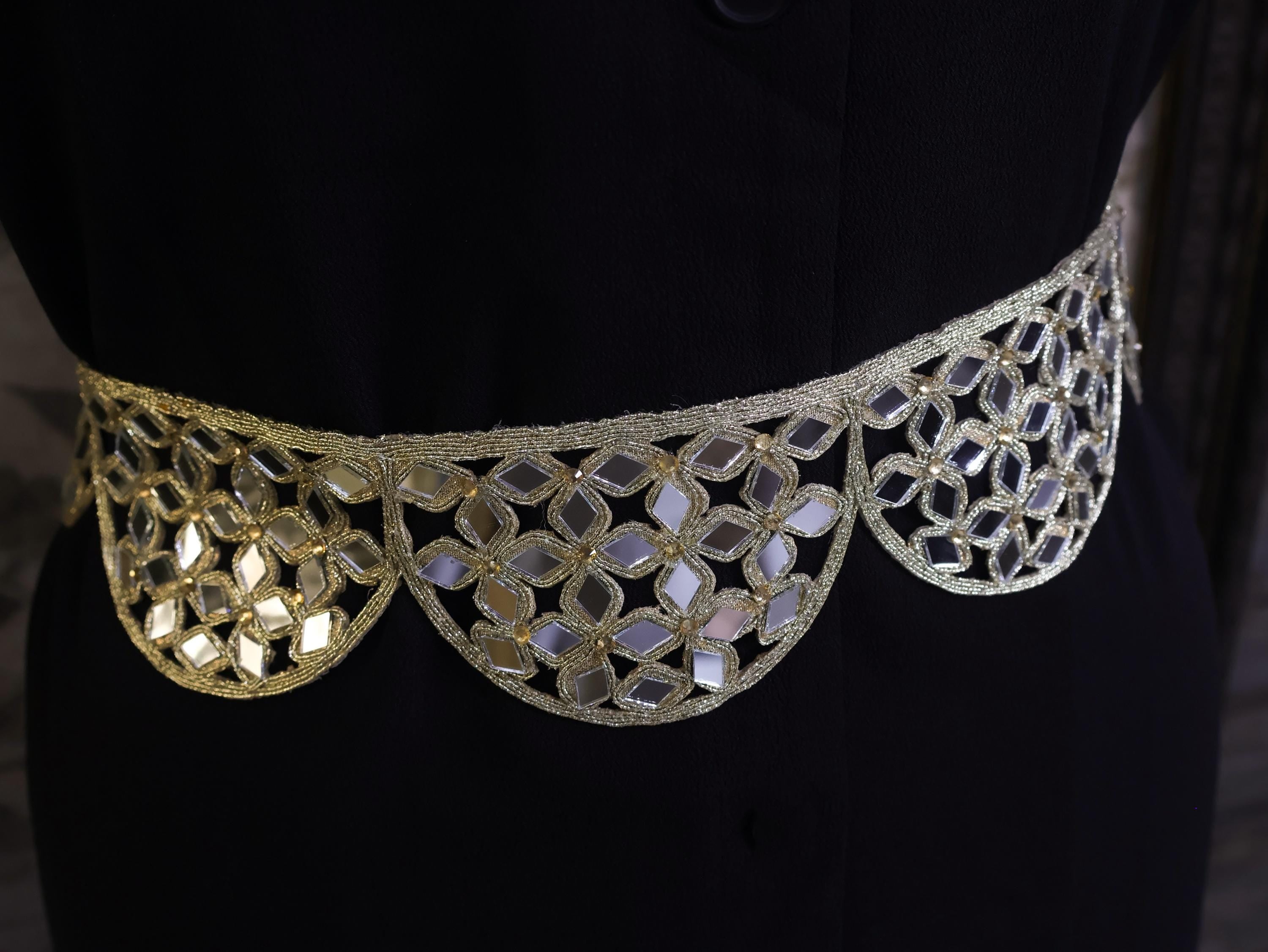 Mirrorwork Scalloped Waist Belt: Creme Gold Boho Festival Fashion