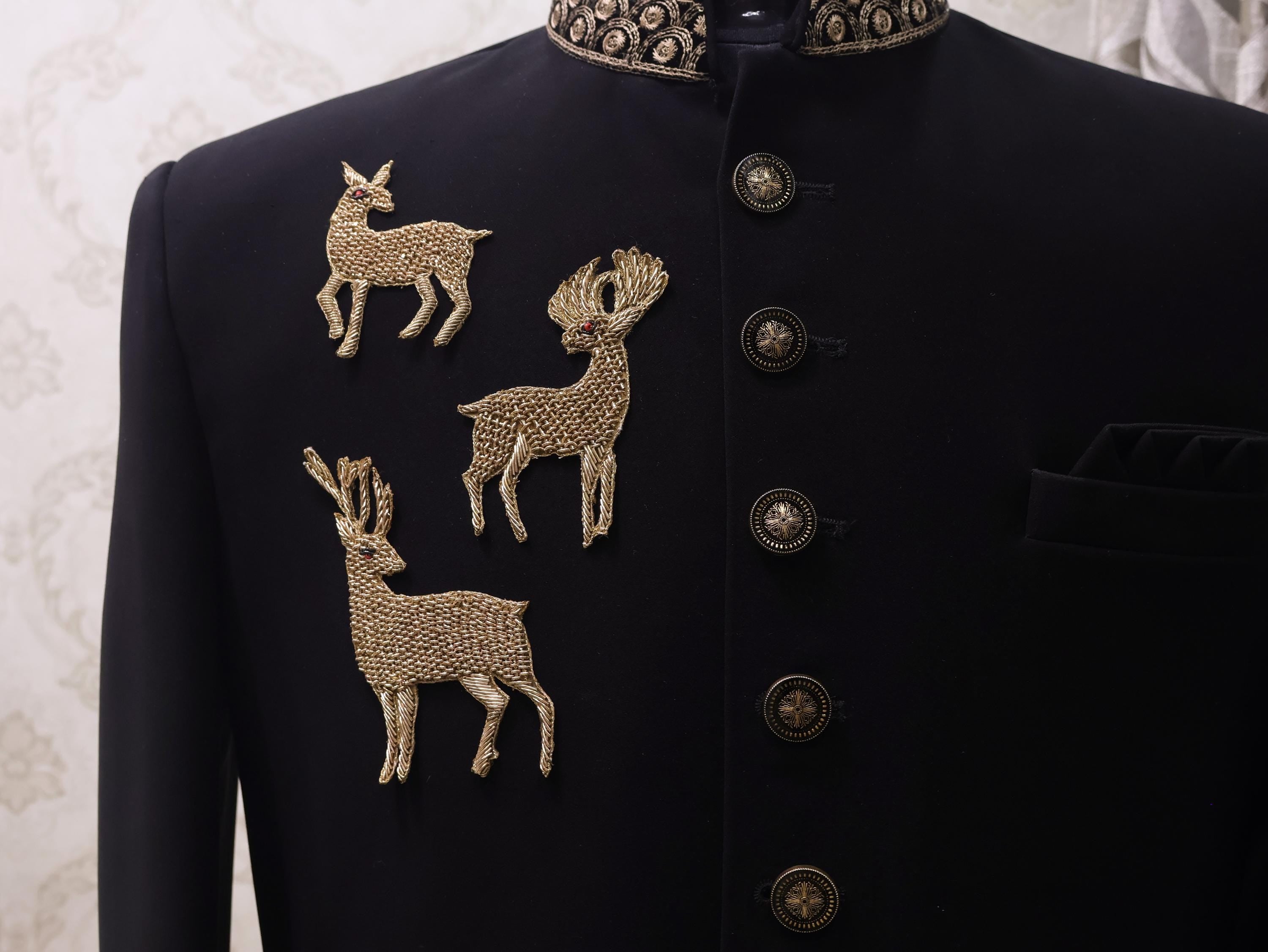 Antique Gold Zardozi Reindeer Applique: Sew On Garments Patches (Set of 3)