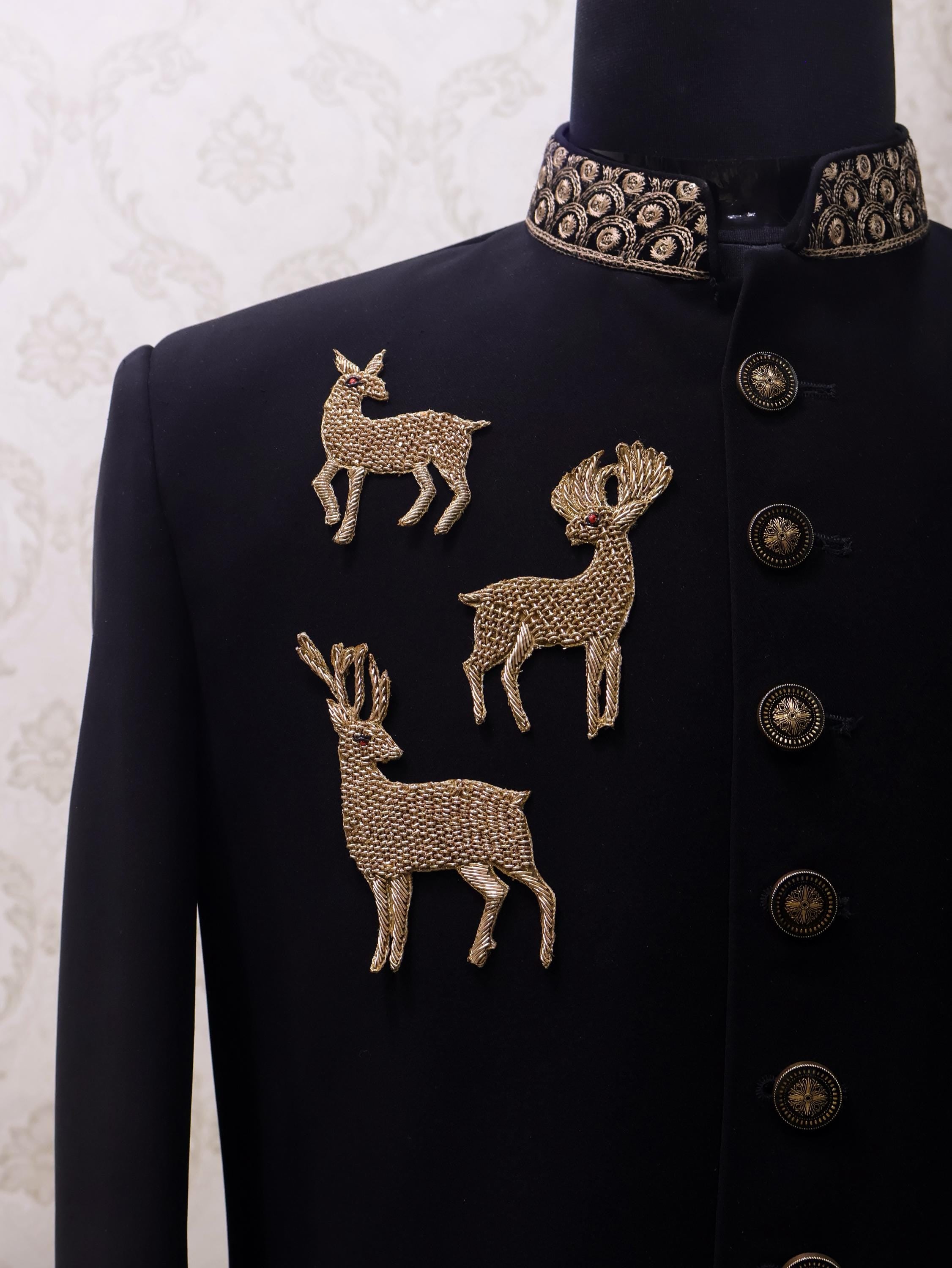 Antique Gold Zardozi Reindeer Applique: Sew On Garments Patches (Set of 3)