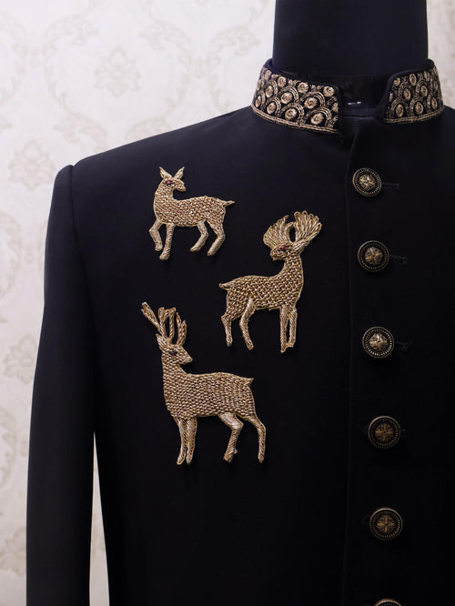 Antique Gold Zardozi Reindeer Applique: Sew On Garments Patches (Set of 3)