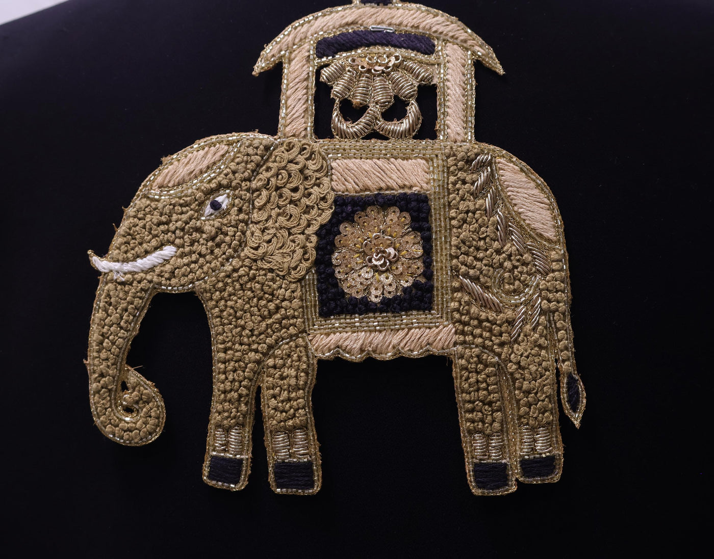 Zardozi Elephant Patch: Antique Gold Knotwork Applique - Handmade Indian Decor