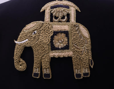 Zardozi Elephant Patch: Antique Gold Knotwork Applique - Handmade Indian Decor