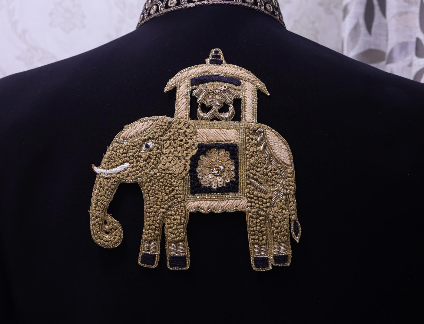 Zardozi Elephant Patch: Antique Gold Knotwork Applique - Handmade Indian Decor