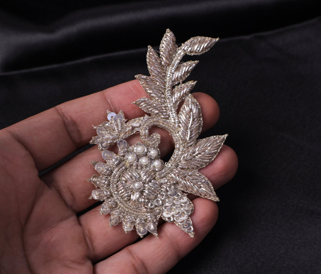 White Gold Floral Zardozi Embroidered Applique Patch (10x5 cm) 4 Pc