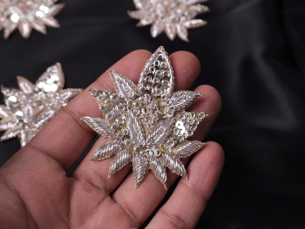 White Gold Floral Zardozi Embroidered Applique Patch (7x6 cm) 4 Pc