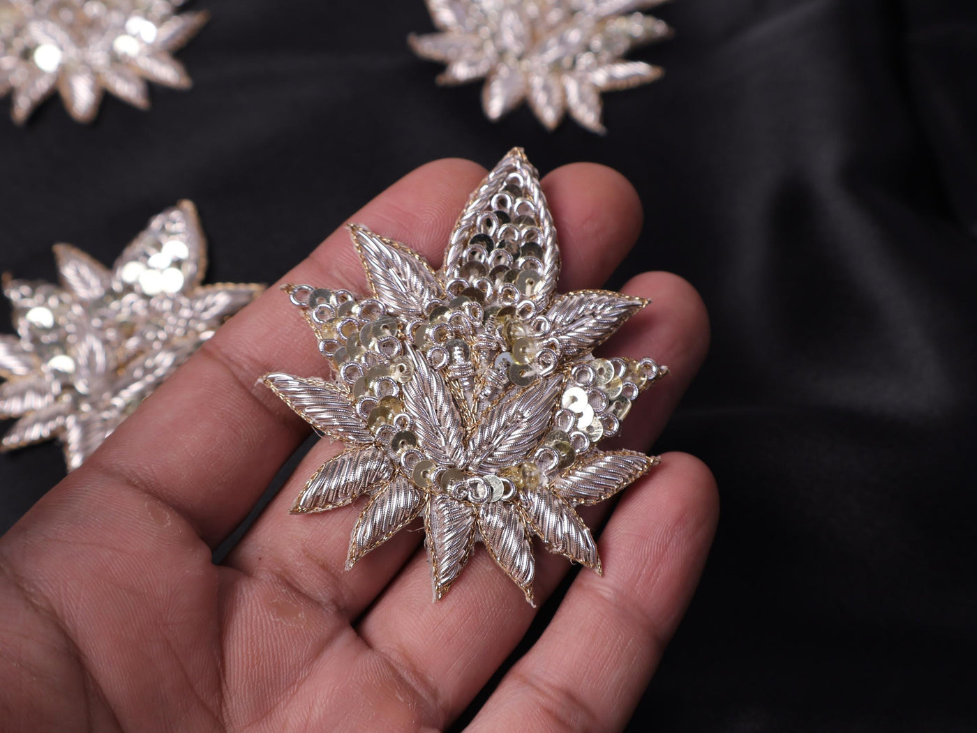 White Gold Floral Zardozi Embroidered Applique Patch (7x6 cm) 4 Pc