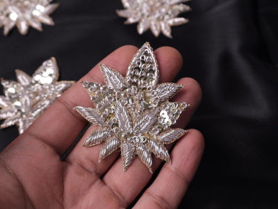 White Gold Floral Zardozi Embroidered Applique Patch (7x6 cm) 4 Pc