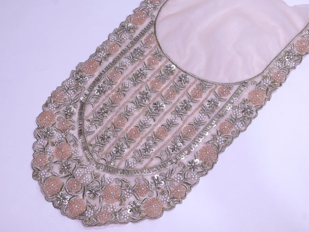Pink/ Peach Embroidered Neckline Patch: Beaded Zari Sequin Indian Applique