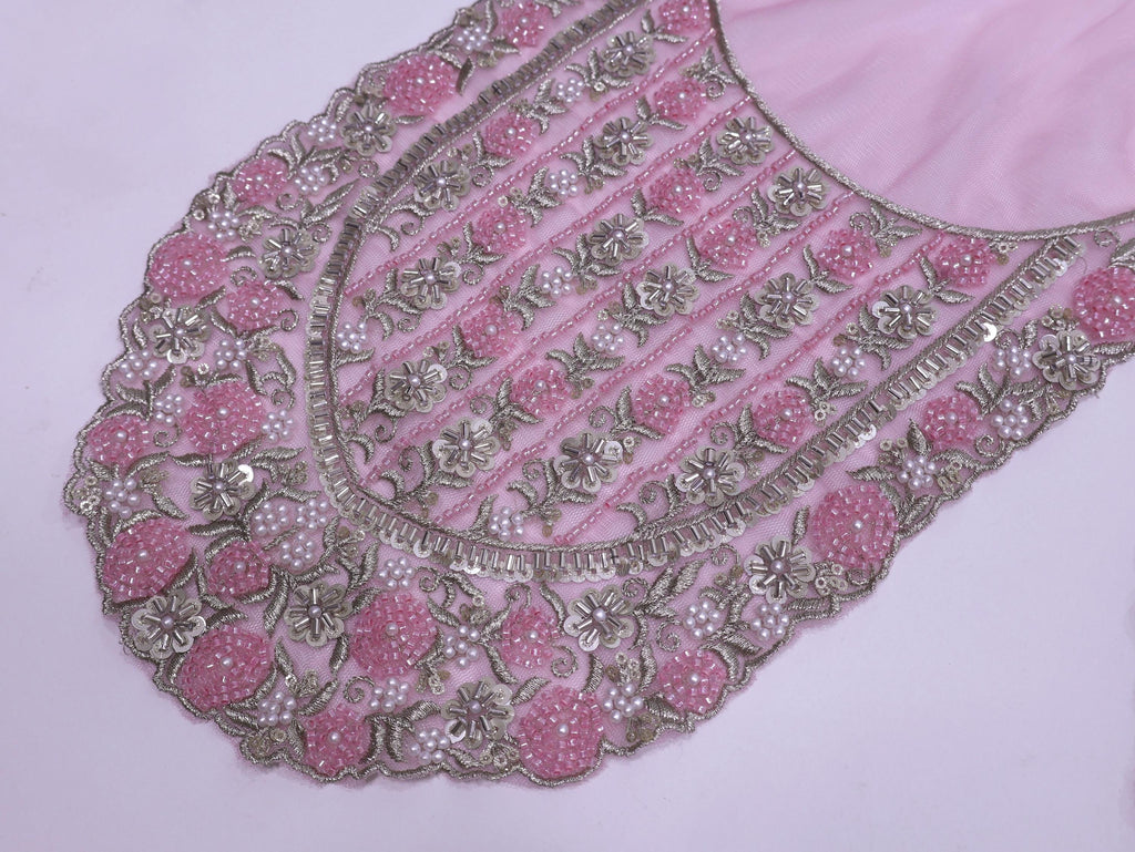Pink/ Peach Embroidered Neckline Patch: Beaded Zari Sequin Indian Applique