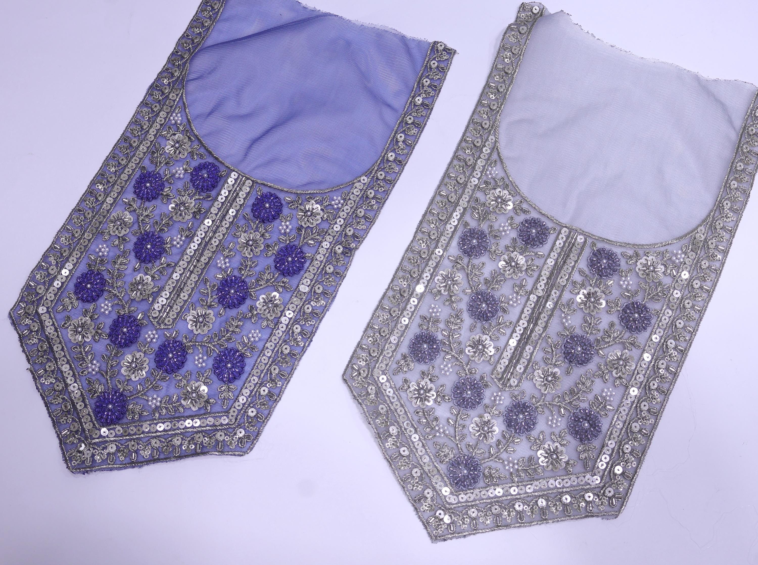 Blue/ Lavender Embroidered Neckline Patch: Beaded Zari Sequin Indian Applique