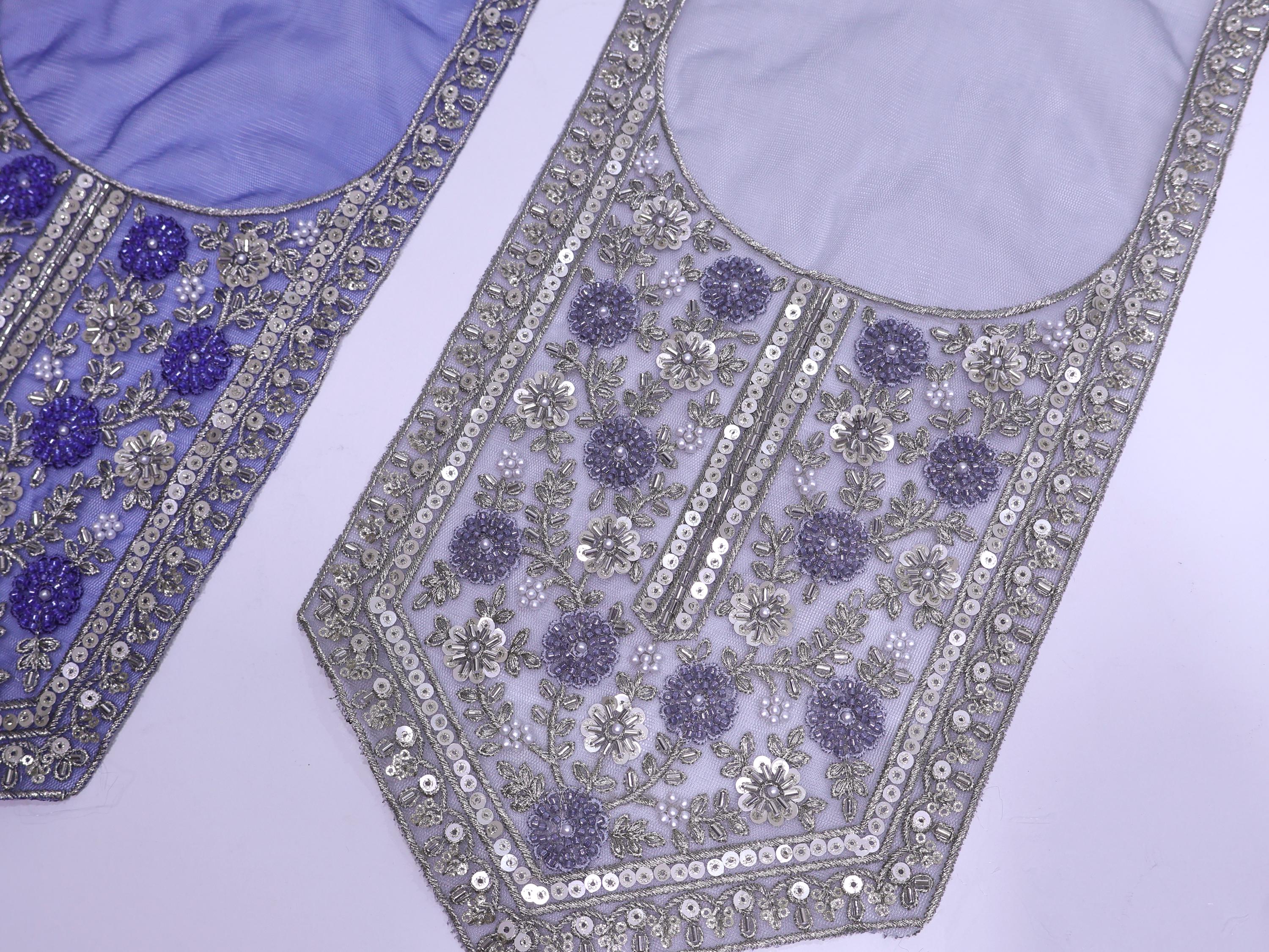 Blue/ Lavender Embroidered Neckline Patch: Beaded Zari Sequin Indian Applique