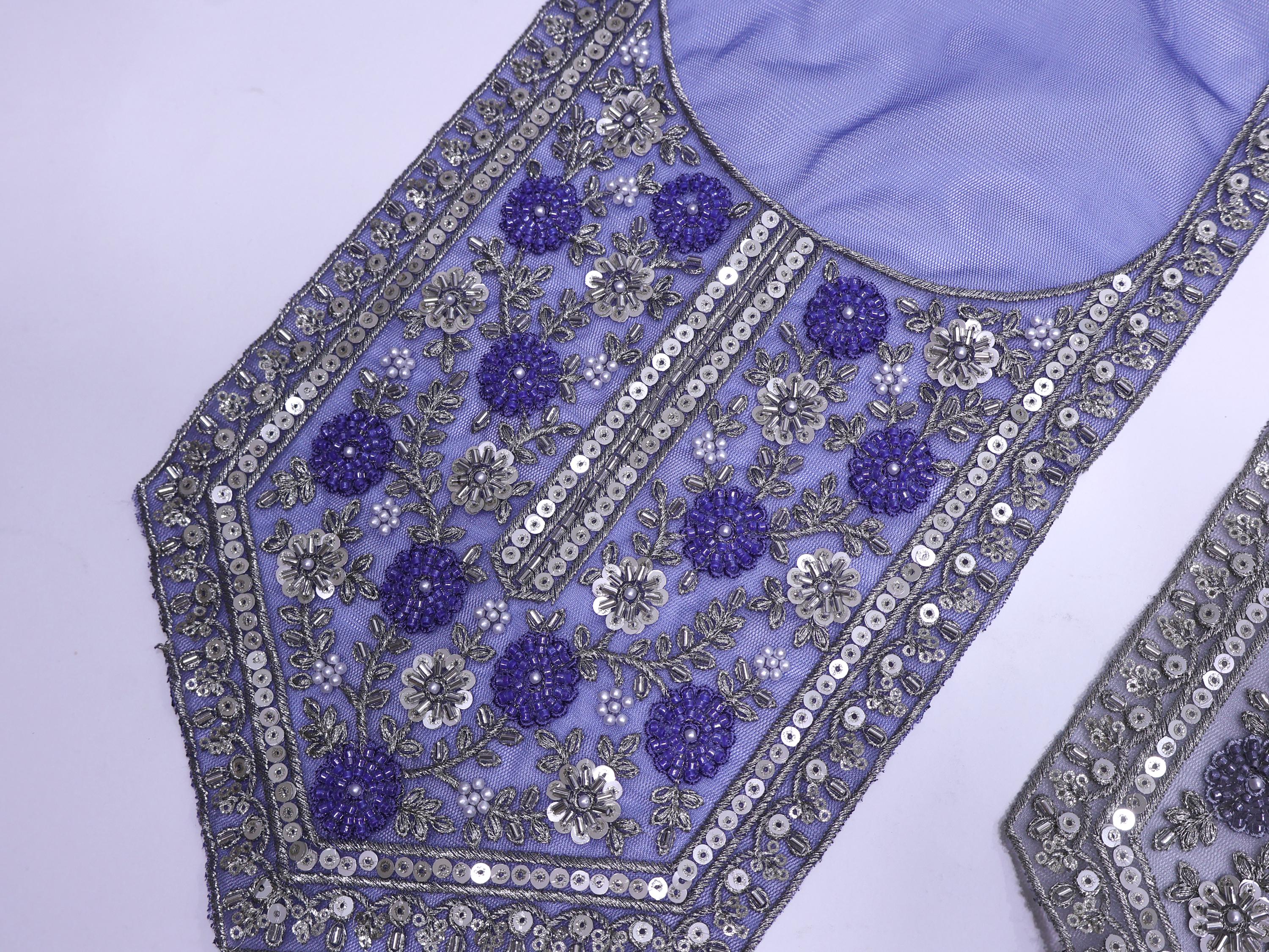 Blue/ Lavender Embroidered Neckline Patch: Beaded Zari Sequin Indian Applique
