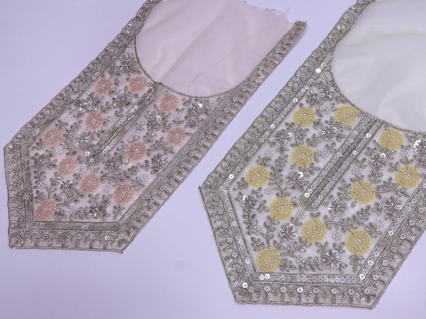 Yellow/ Peach Embroidered Neckline Patch: Beaded Zari Sequin Indian Applique