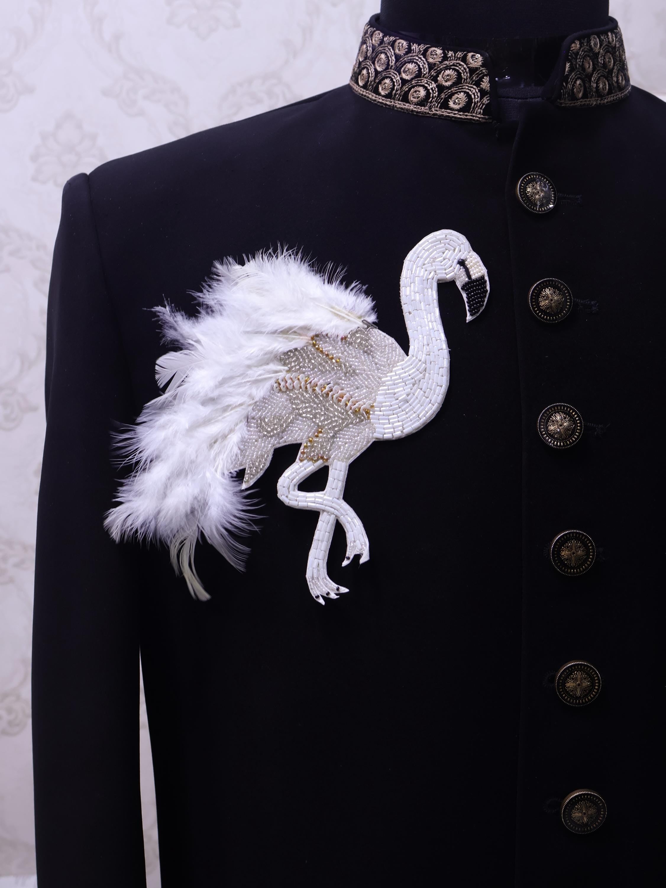 Gold/ White Embroidered Bird Applique: Sew On Garments Patches (Pair of 2)