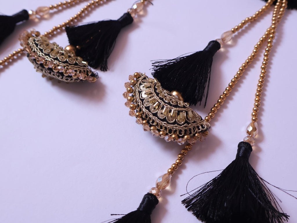 Black & Golden Tassel Latkans, Multi String Lehenga Tiebacks - 1 Pair